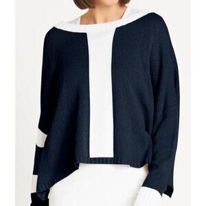 PLANET by Laura G Navy and White Pima Cotton Bouclé Sweater. One Size Fits All.